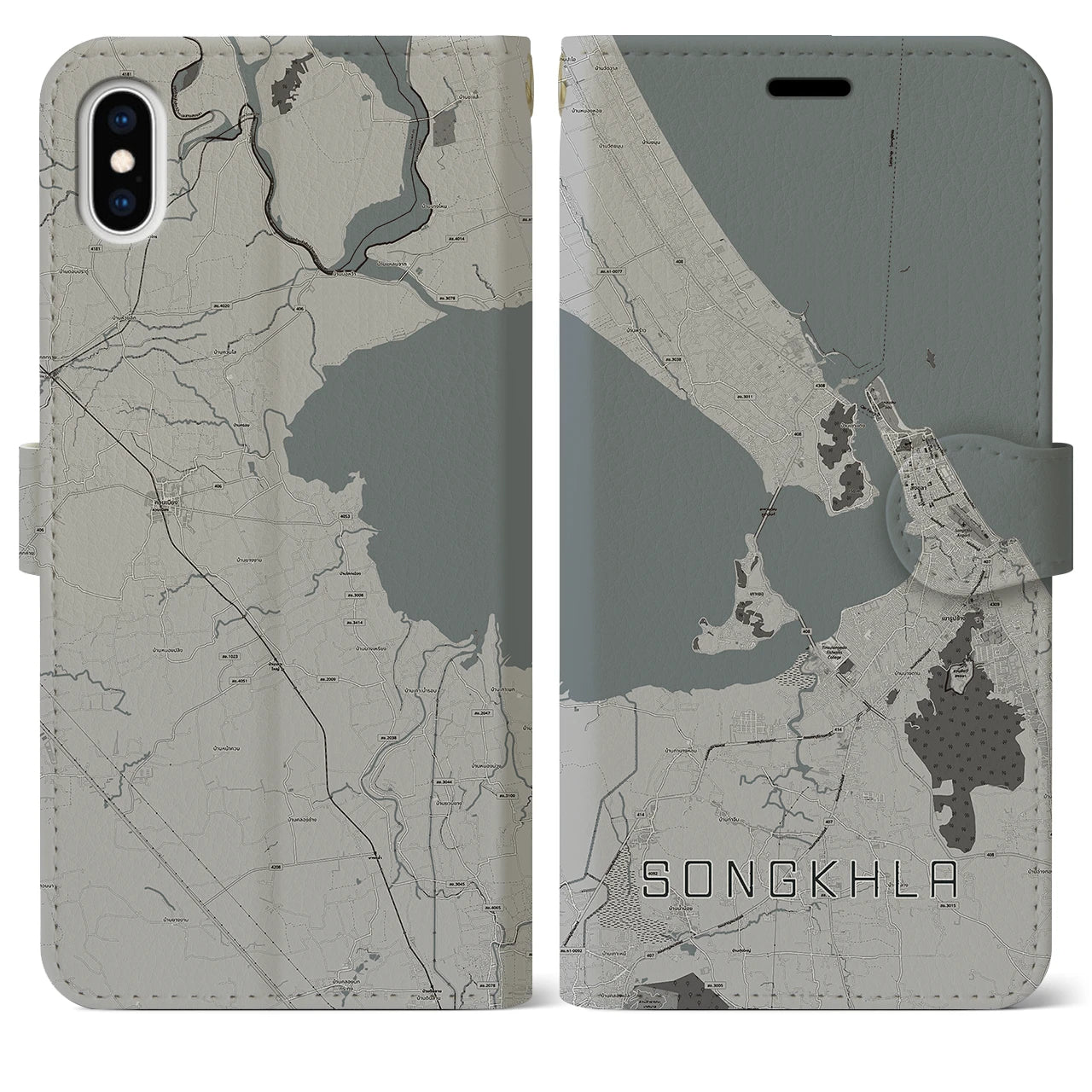【ソンクラー(タイ)】地図柄iPhoneケース(手帳タイプ)モノトーン・iPhone XS Max 用