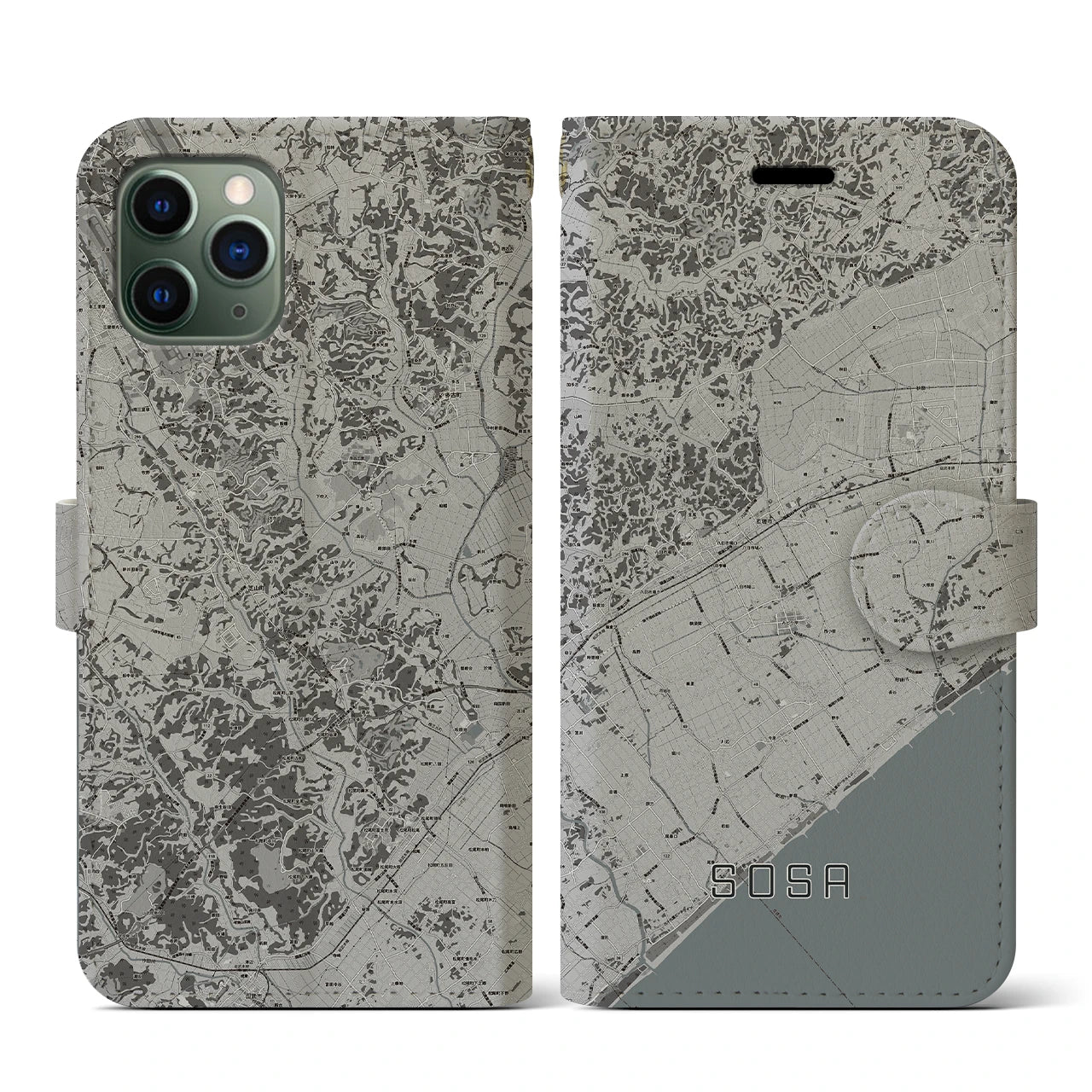 【匝瑳(千葉県)】地図柄iPhoneケース(手帳タイプ)モノトーン・iPhone 11 Pro 用