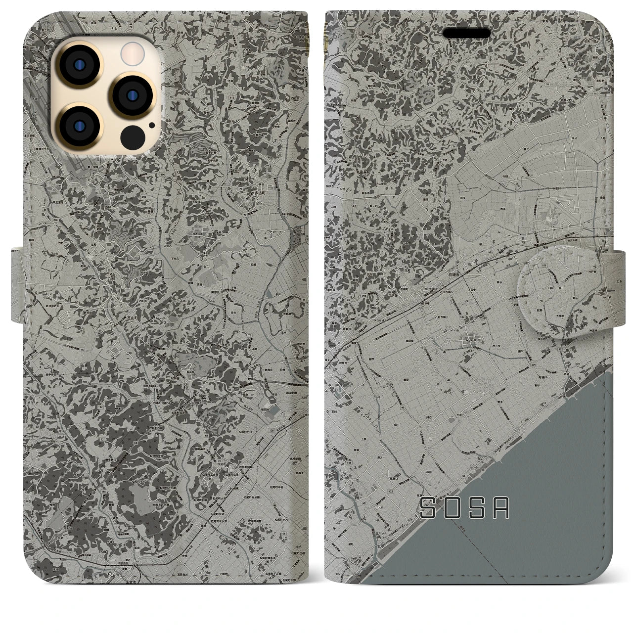 【匝瑳(千葉県)】地図柄iPhoneケース(手帳タイプ)モノトーン・iPhone 12 Pro Max 用