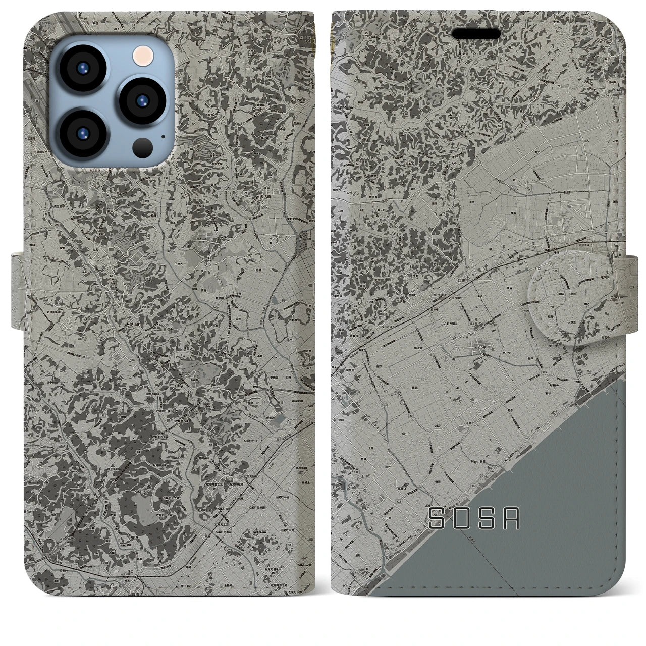 【匝瑳(千葉県)】地図柄iPhoneケース(手帳タイプ)モノトーン・iPhone 13 Pro Max 用