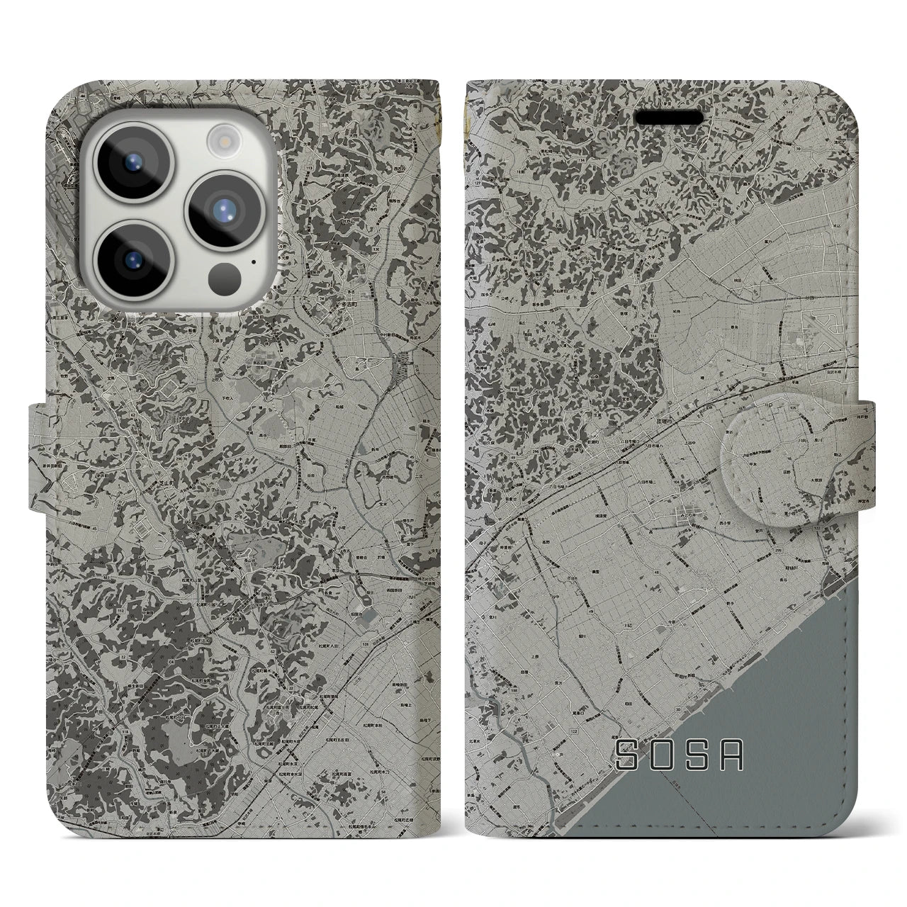 【匝瑳(千葉県)】地図柄iPhoneケース(手帳タイプ)モノトーン・iPhone 15 Pro 用
