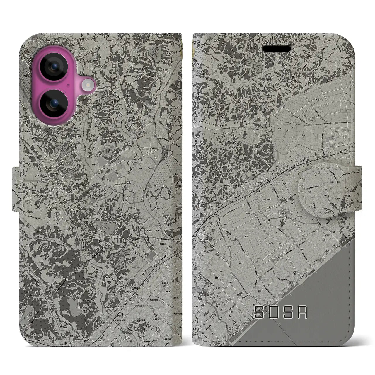 【匝瑳(千葉県)】地図柄iPhoneケース(手帳タイプ)モノトーン・iPhone 16 Pro 用