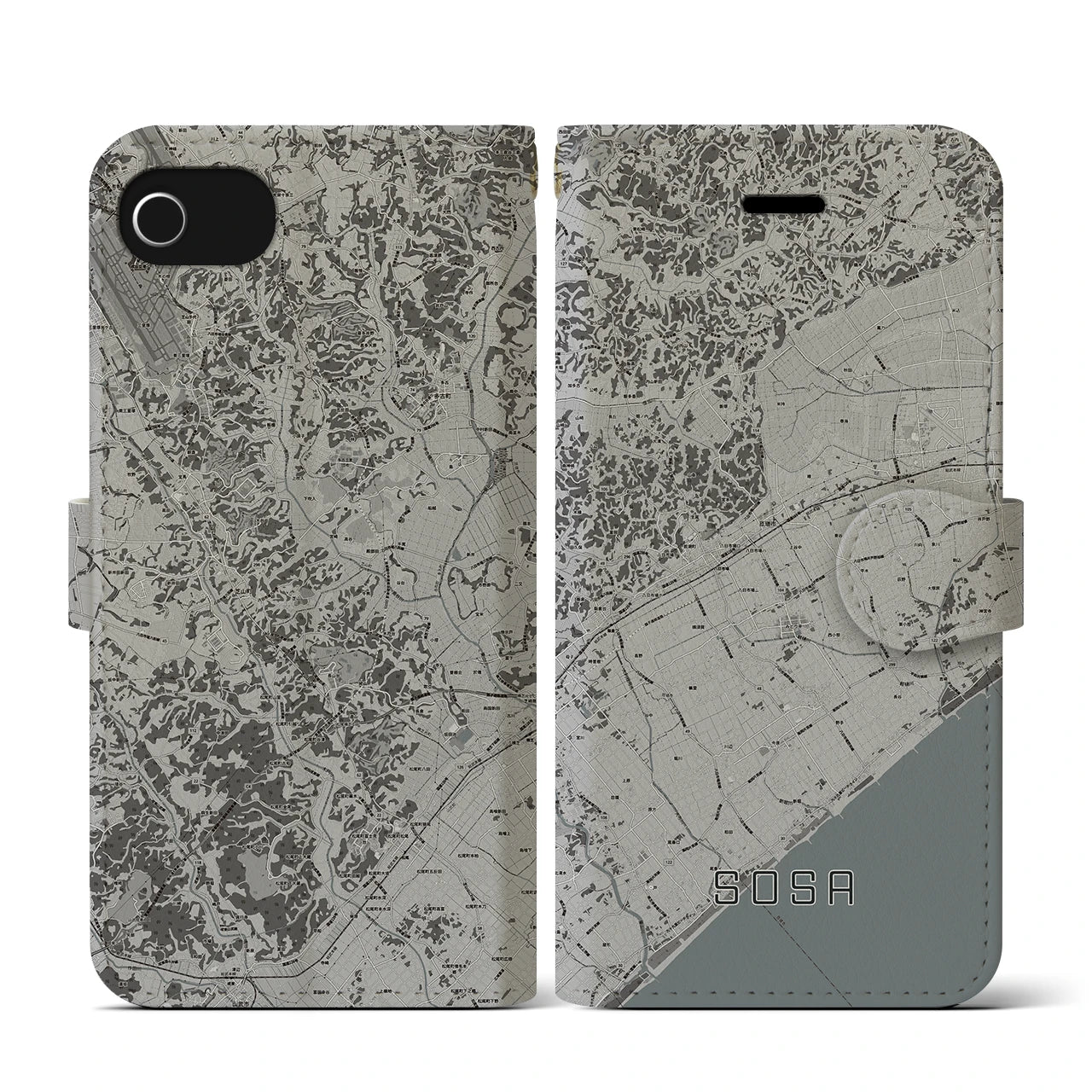 【匝瑳(千葉県)】地図柄iPhoneケース(手帳タイプ)モノトーン・iPhone SE(第3 / 第2世代) / 8 / 7 / 6s / 6 用