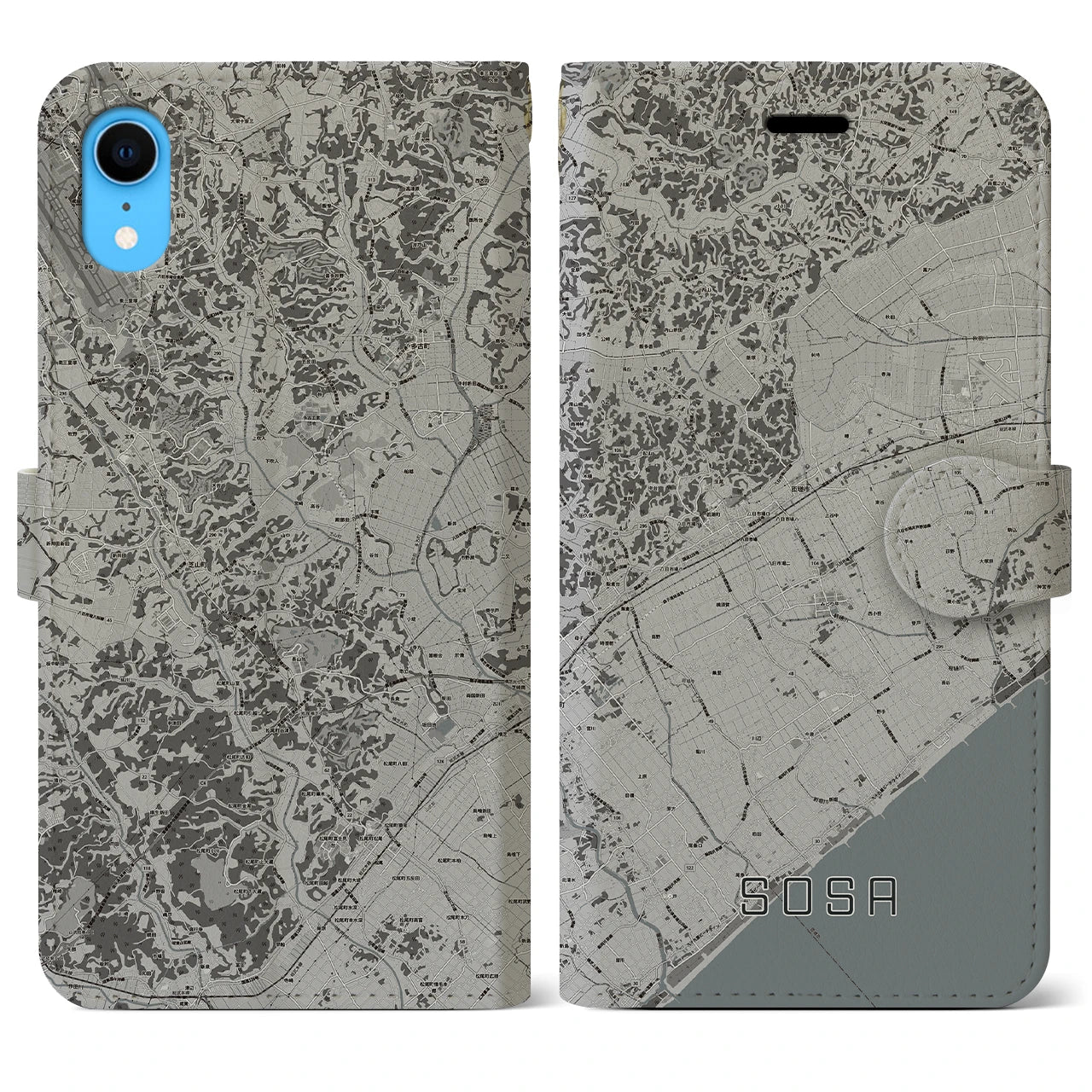 【匝瑳(千葉県)】地図柄iPhoneケース(手帳タイプ)モノトーン・iPhone XR 用