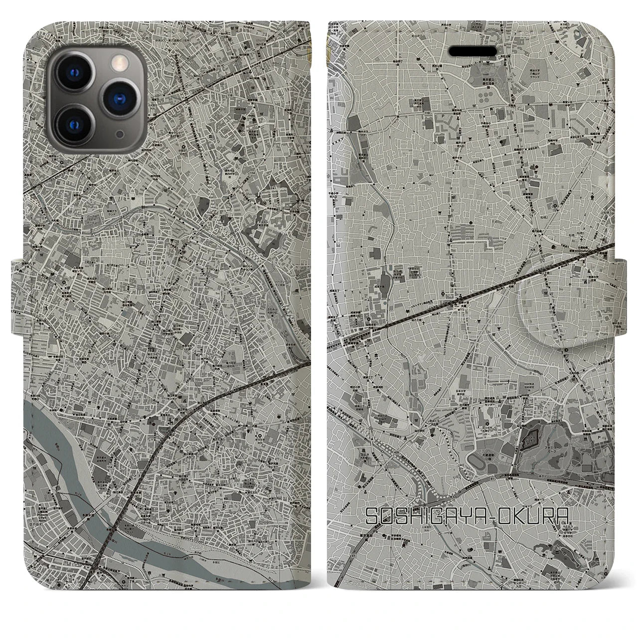 【祖師ヶ谷大蔵(東京都)】地図柄iPhoneケース(手帳タイプ)モノトーン・iPhone 11 Pro Max 用