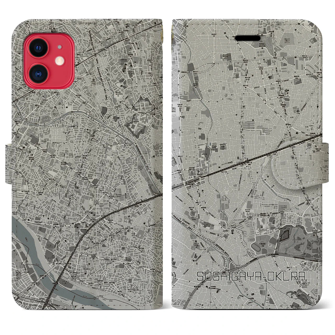【祖師ヶ谷大蔵(東京都)】地図柄iPhoneケース(手帳タイプ)モノトーン・iPhone 11 用