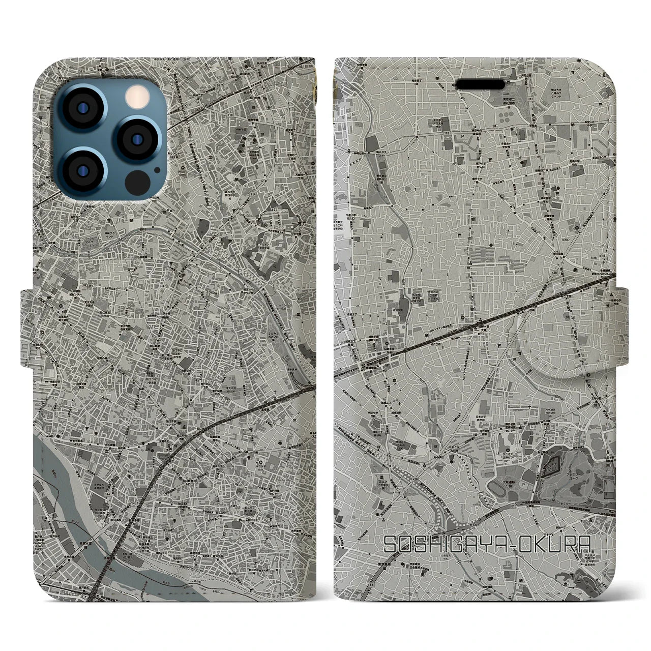 【祖師ヶ谷大蔵(東京都)】地図柄iPhoneケース(手帳タイプ)モノトーン・iPhone 12 / 12 Pro 用