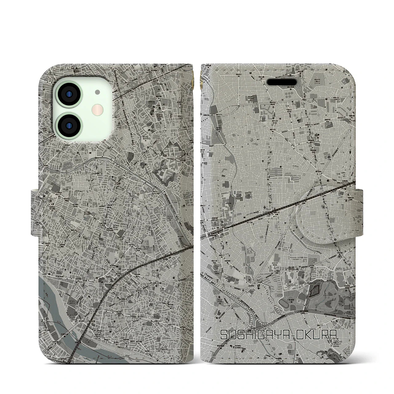 【祖師ヶ谷大蔵(東京都)】地図柄iPhoneケース(手帳タイプ)モノトーン・iPhone 12 mini 用