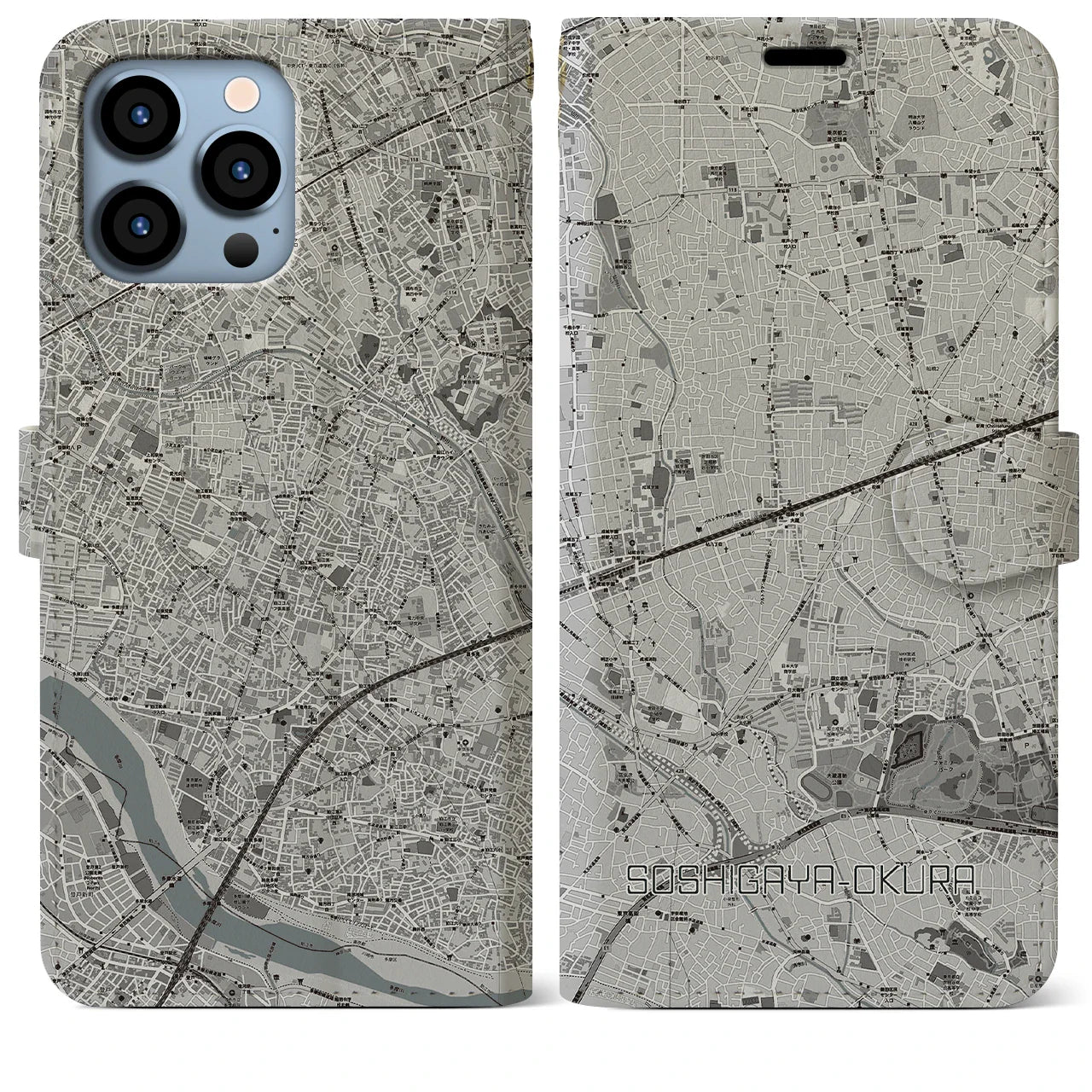【祖師ヶ谷大蔵(東京都)】地図柄iPhoneケース(手帳タイプ)モノトーン・iPhone 13 Pro Max 用