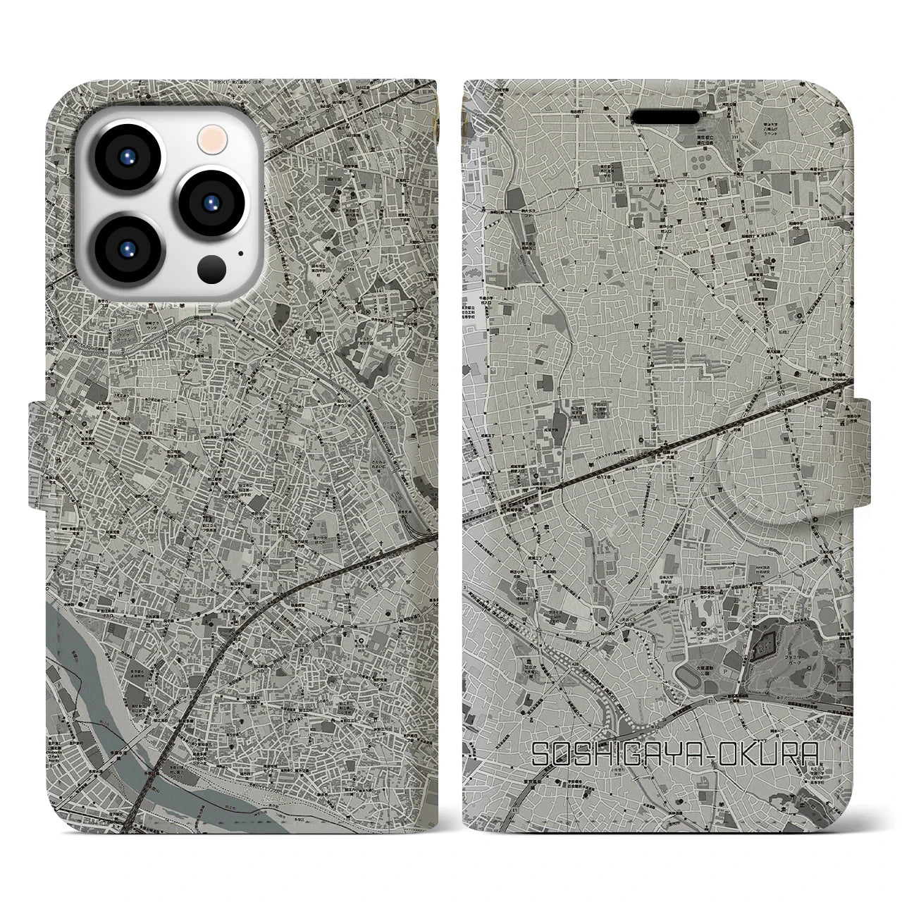 【祖師ヶ谷大蔵(東京都)】地図柄iPhoneケース(手帳タイプ)モノトーン・iPhone 13 Pro 用