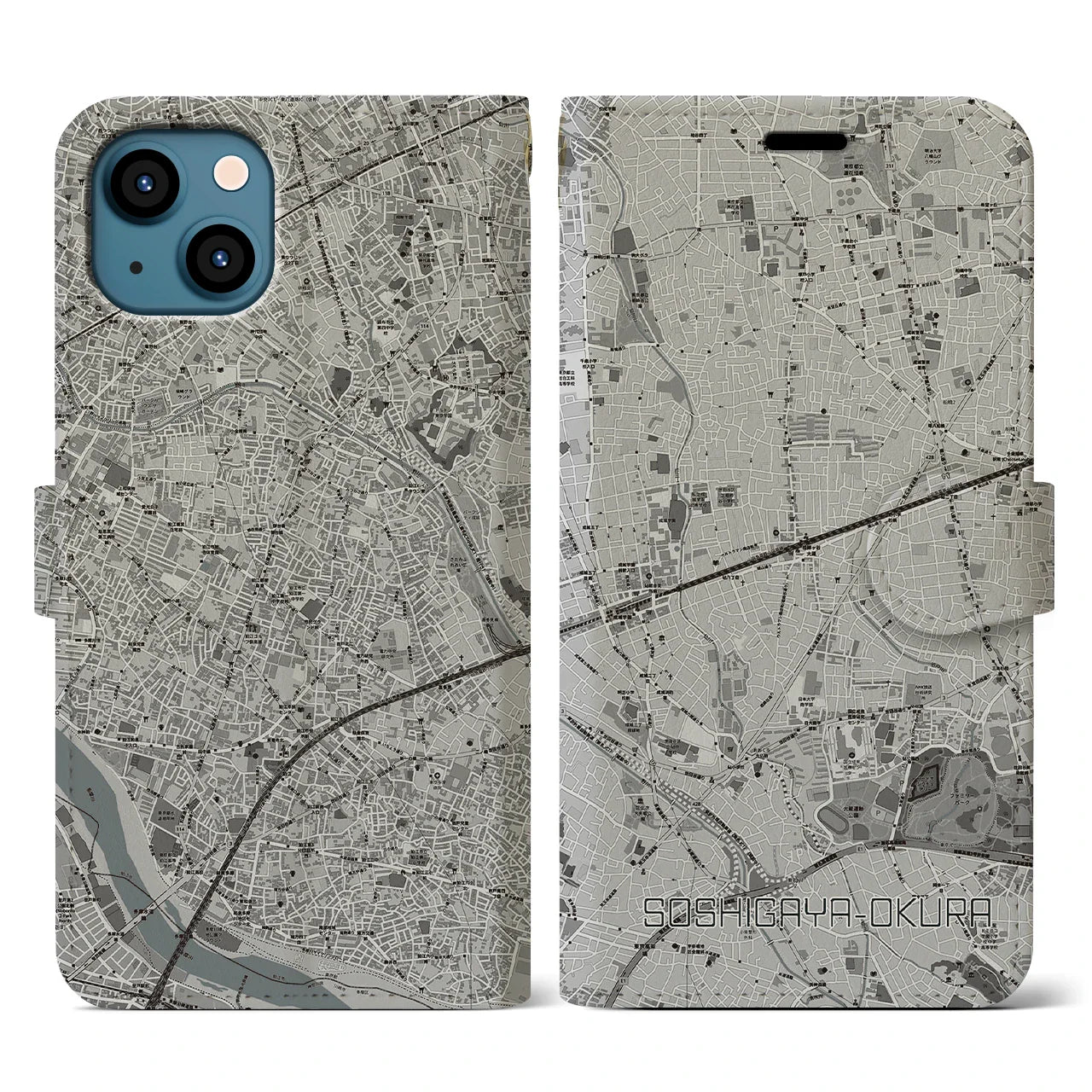 【祖師ヶ谷大蔵(東京都)】地図柄iPhoneケース(手帳タイプ)モノトーン・iPhone 13 用