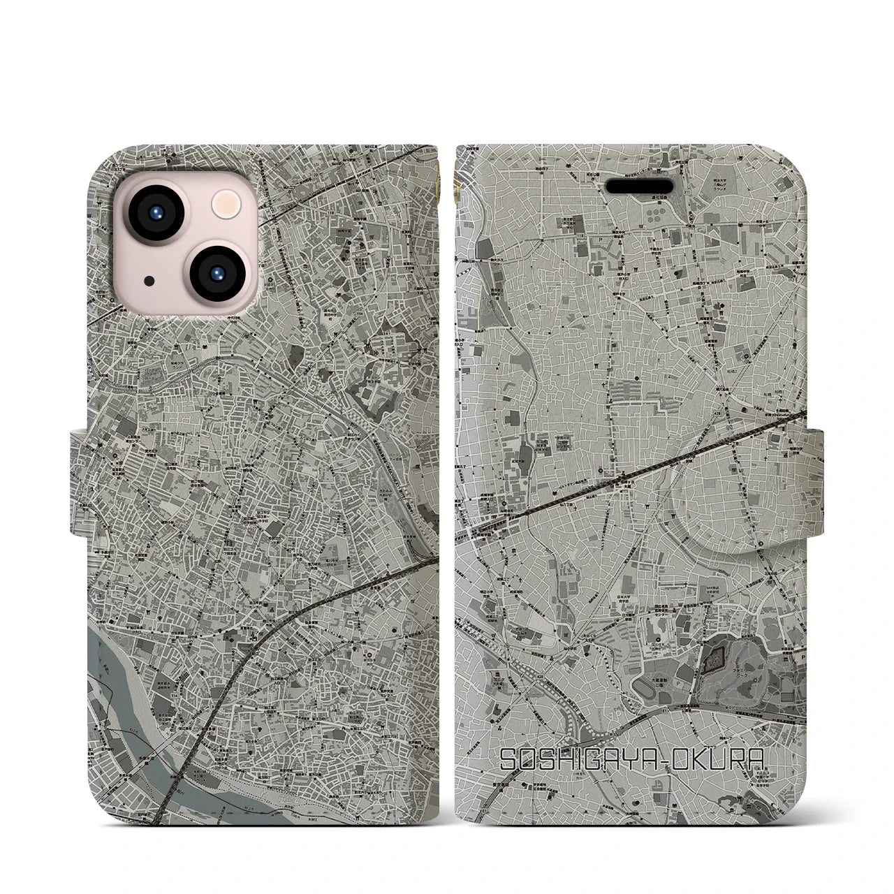 【祖師ヶ谷大蔵(東京都)】地図柄iPhoneケース(手帳タイプ)モノトーン・iPhone 13 mini 用