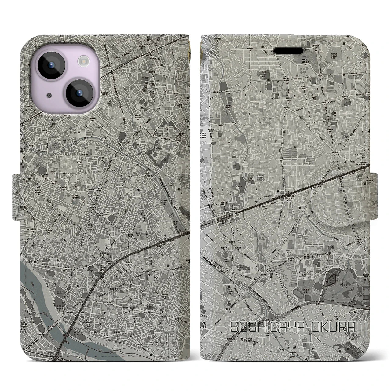 【祖師ヶ谷大蔵(東京都)】地図柄iPhoneケース(手帳タイプ)モノトーン・iPhone 14 用