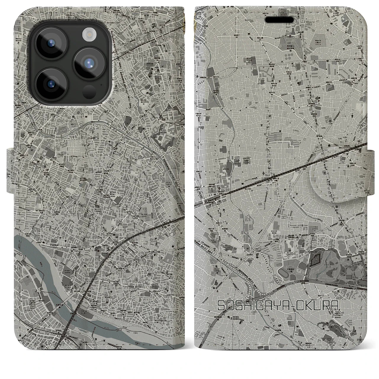 【祖師ヶ谷大蔵(東京都)】地図柄iPhoneケース(手帳タイプ)モノトーン・iPhone 15 Pro Max 用
