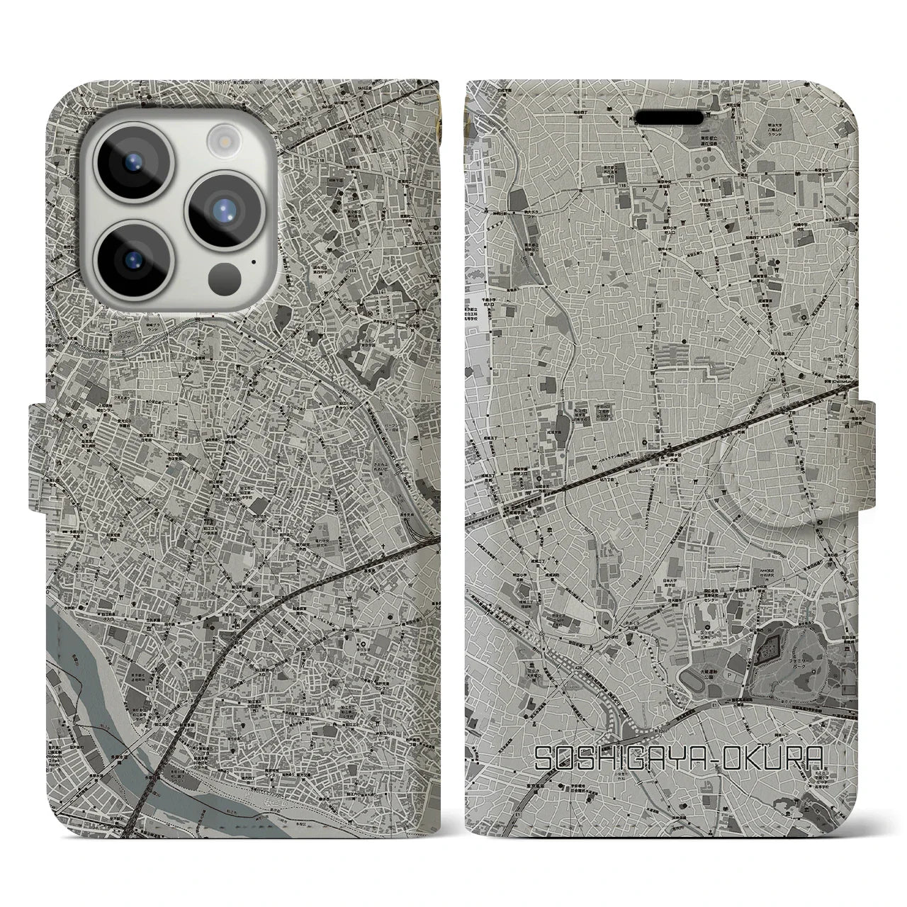 【祖師ヶ谷大蔵(東京都)】地図柄iPhoneケース(手帳タイプ)モノトーン・iPhone 15 Pro 用