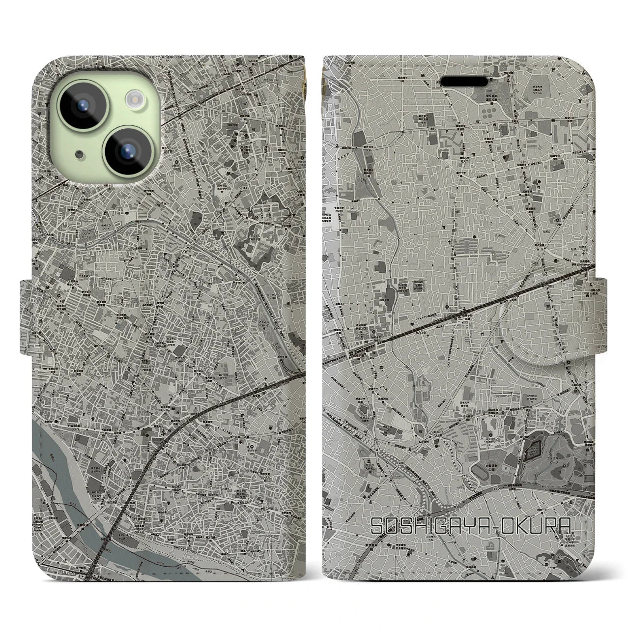 【祖師ヶ谷大蔵(東京都)】地図柄iPhoneケース(手帳タイプ)モノトーン・iPhone 15 用