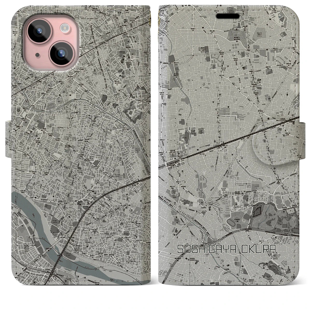 【祖師ヶ谷大蔵(東京都)】地図柄iPhoneケース(手帳タイプ)モノトーン・iPhone 15 Plus 用