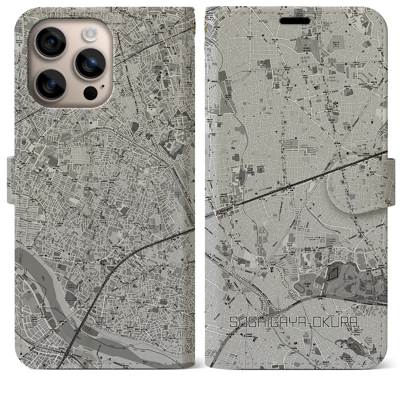【祖師ヶ谷大蔵(東京都)】地図柄iPhoneケース(手帳タイプ)モノトーン・iPhone 16 Plus 用