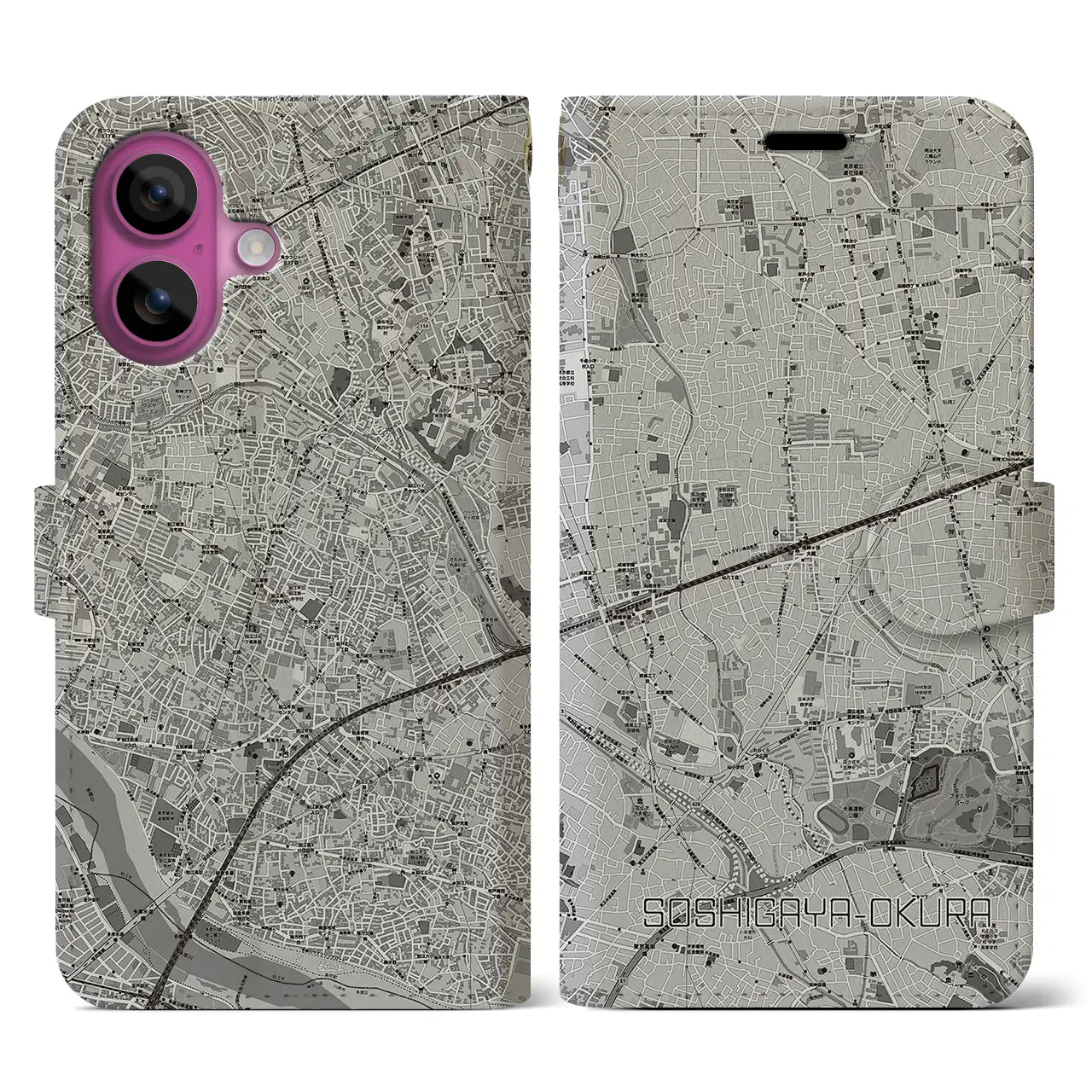 【祖師ヶ谷大蔵(東京都)】地図柄iPhoneケース(手帳タイプ)モノトーン・iPhone 16 Pro 用