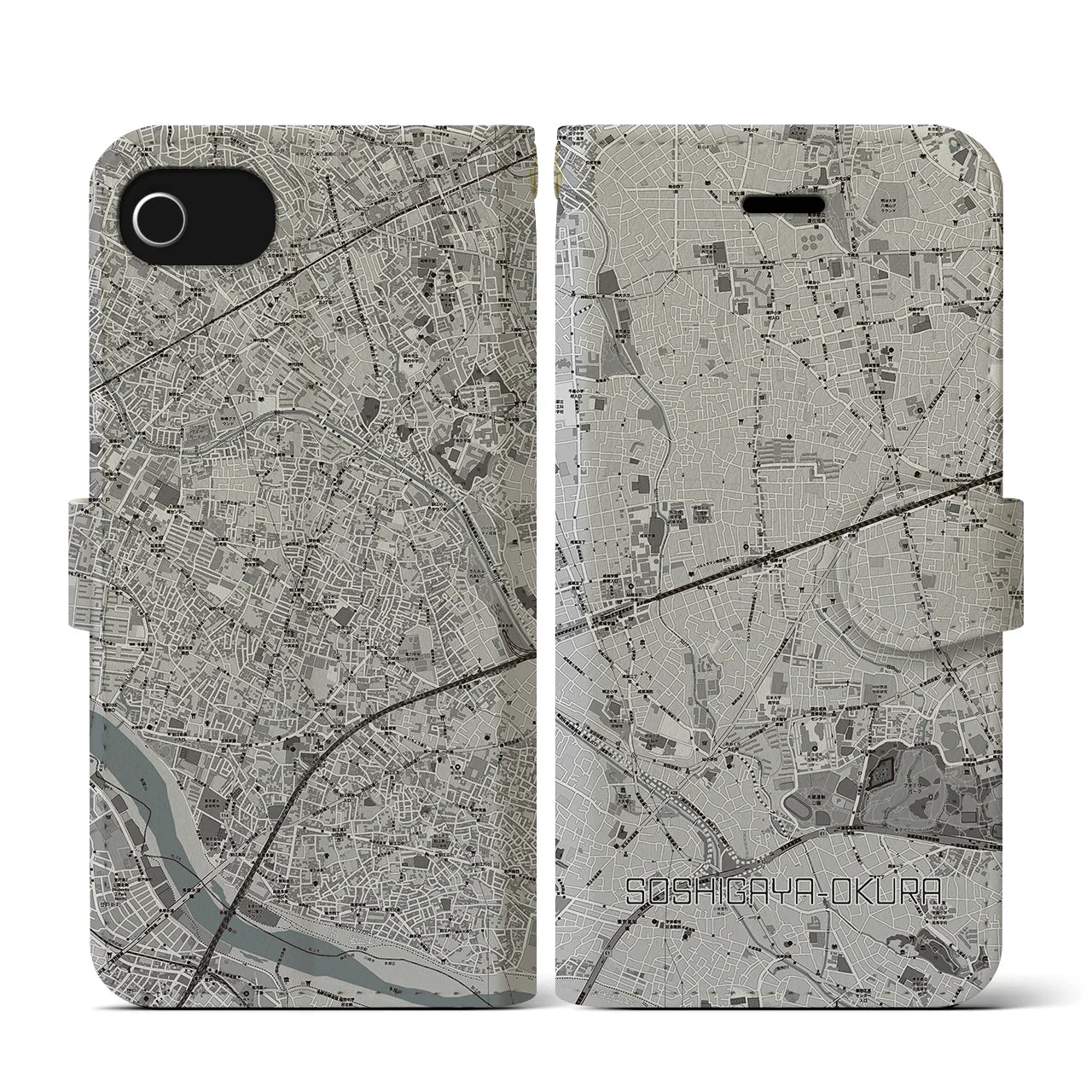 【祖師ヶ谷大蔵(東京都)】地図柄iPhoneケース(手帳タイプ)モノトーン・iPhone SE(第3 / 第2世代) / 8 / 7 / 6s / 6 用