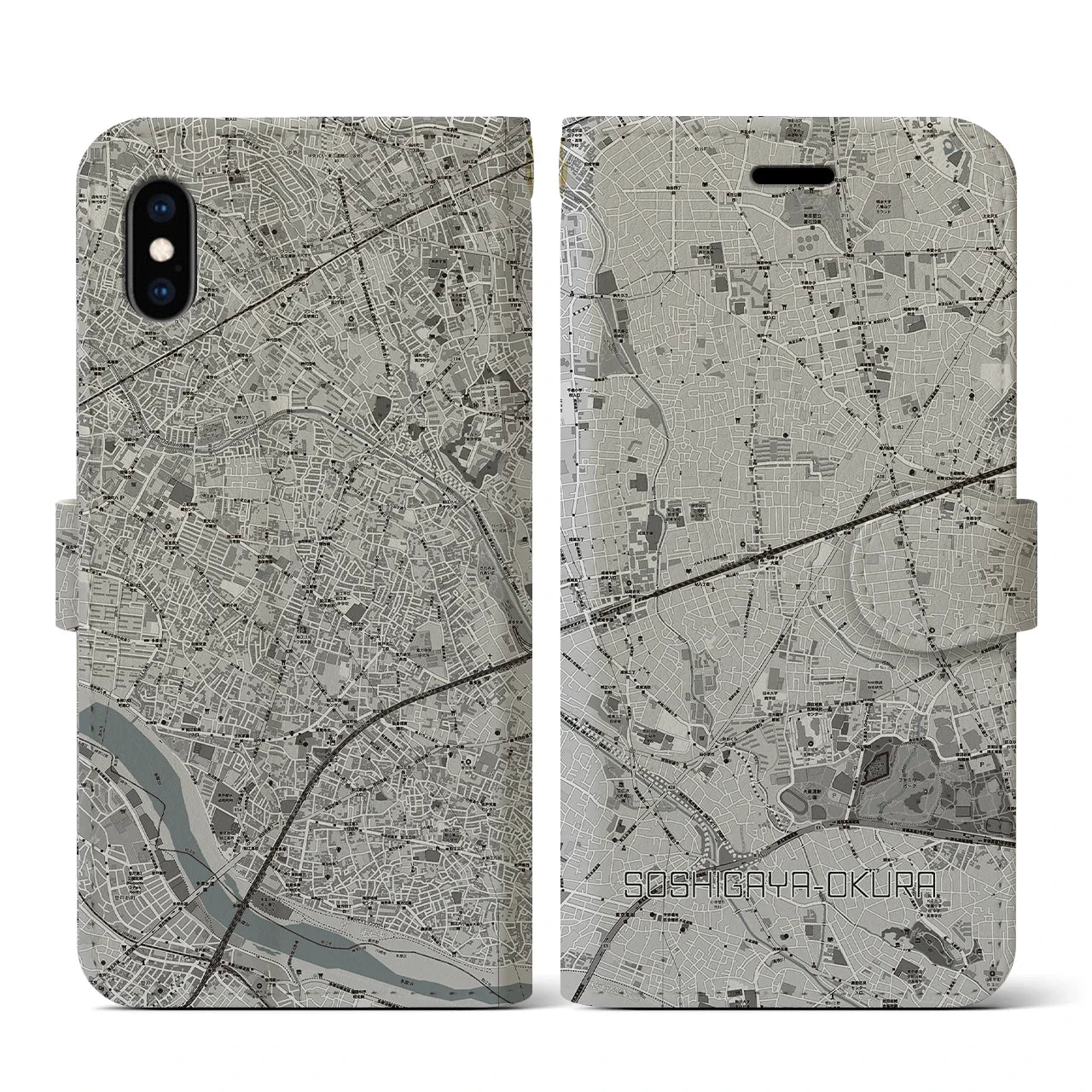 【祖師ヶ谷大蔵(東京都)】地図柄iPhoneケース(手帳タイプ)モノトーン・iPhone XS / X 用