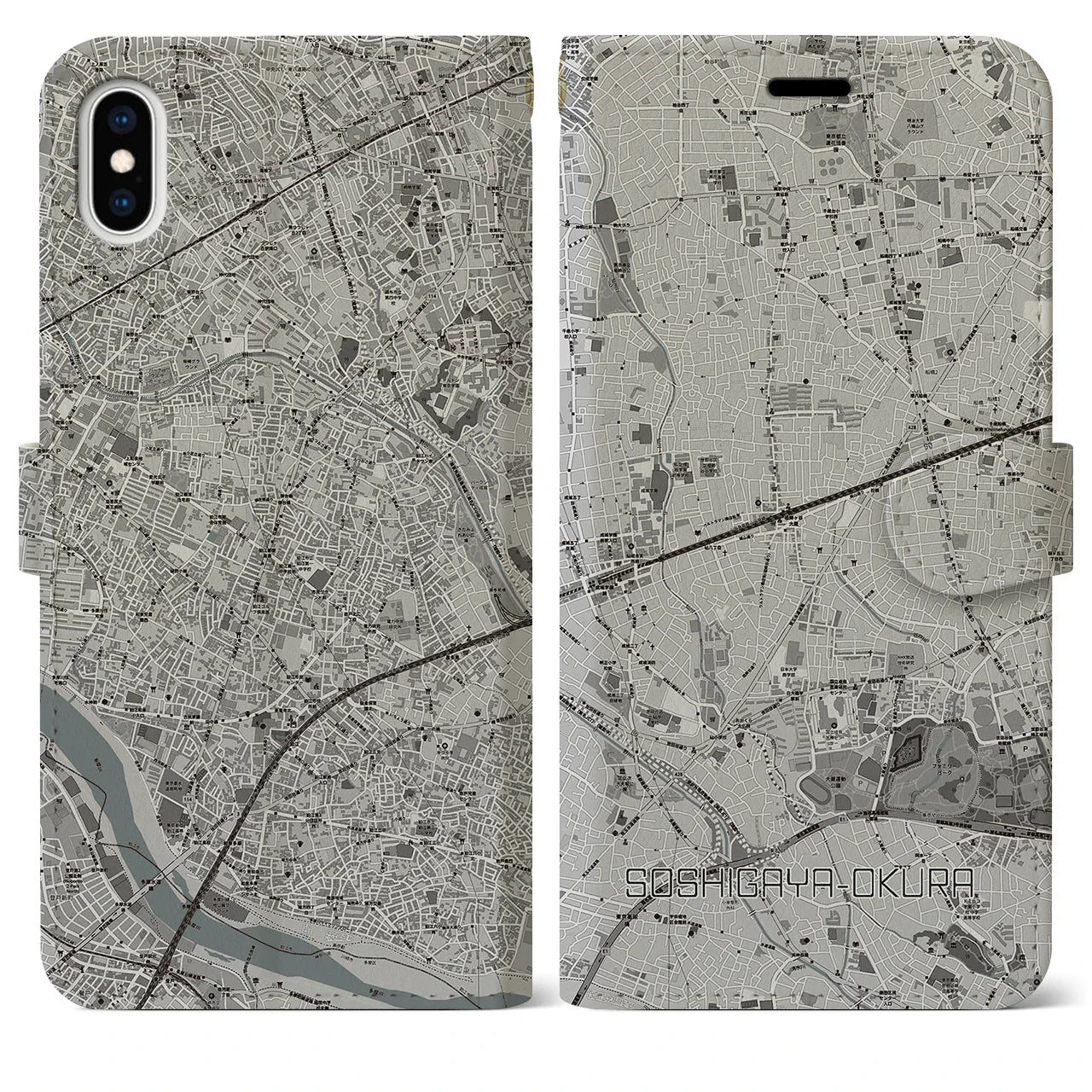 【祖師ヶ谷大蔵(東京都)】地図柄iPhoneケース(手帳タイプ)モノトーン・iPhone XS Max 用