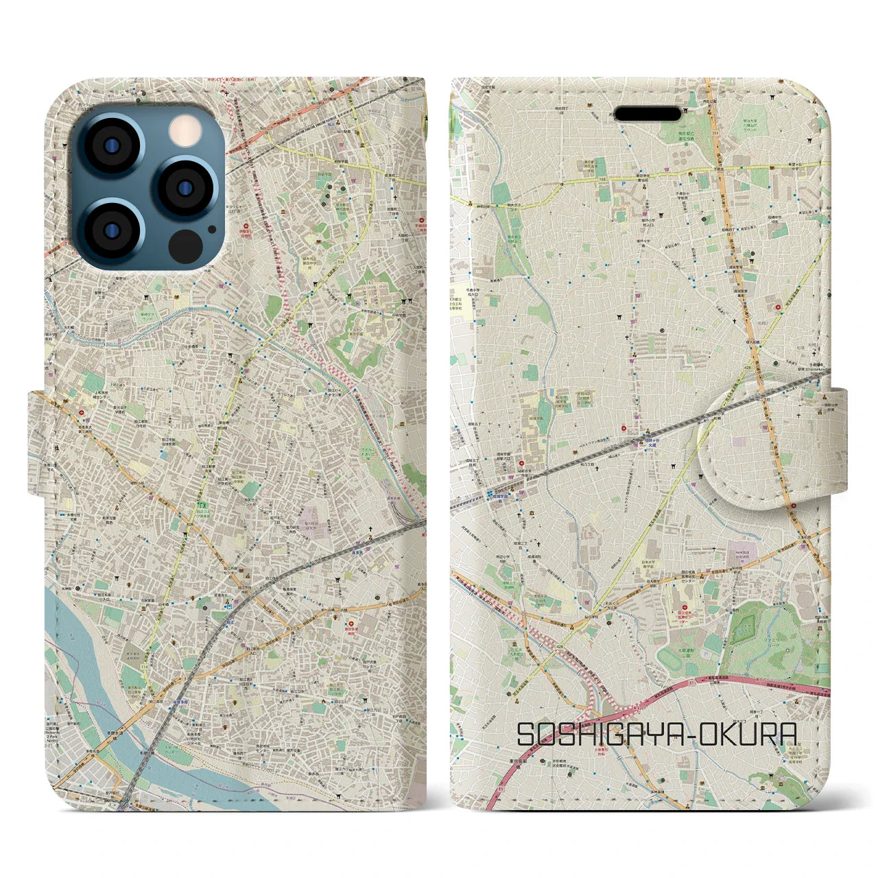 【祖師ヶ谷大蔵(東京都)】地図柄iPhoneケース(手帳タイプ)ナチュラル・iPhone 12 / 12 Pro 用