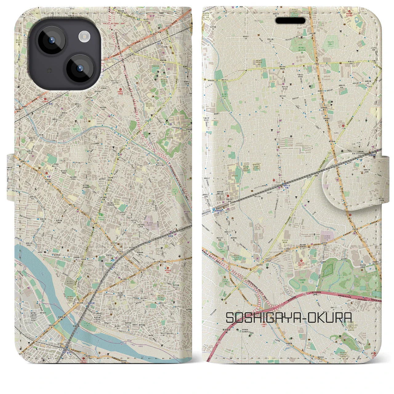 【祖師ヶ谷大蔵(東京都)】地図柄iPhoneケース(手帳タイプ)ナチュラル・iPhone 14 Plus 用
