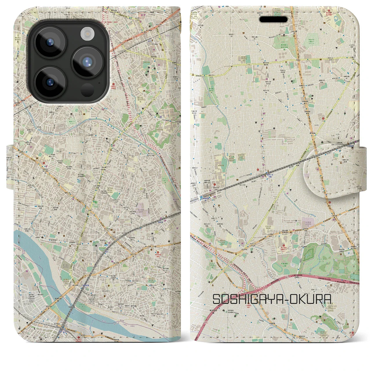 【祖師ヶ谷大蔵(東京都)】地図柄iPhoneケース(手帳タイプ)ナチュラル・iPhone 15 Pro Max 用