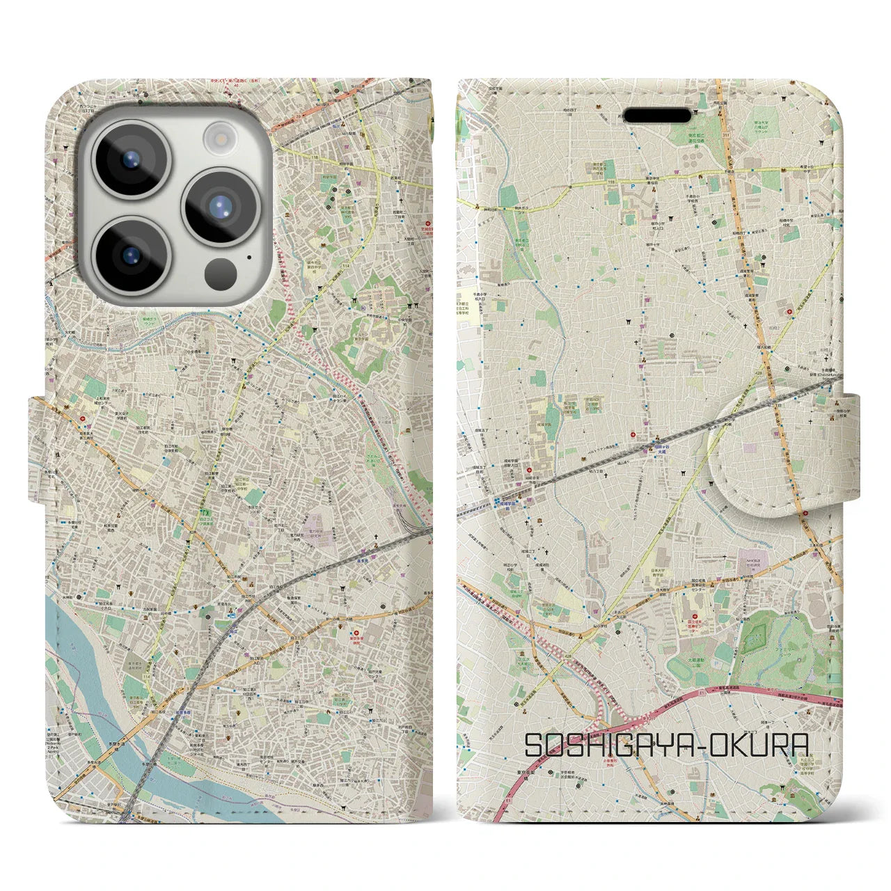 【祖師ヶ谷大蔵(東京都)】地図柄iPhoneケース(手帳タイプ)ナチュラル・iPhone 15 Pro 用