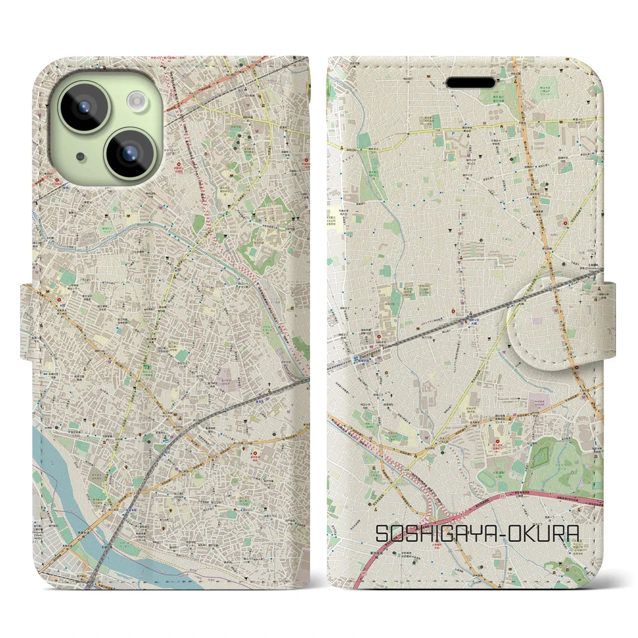 【祖師ヶ谷大蔵(東京都)】地図柄iPhoneケース(手帳タイプ)ナチュラル・iPhone 15 用