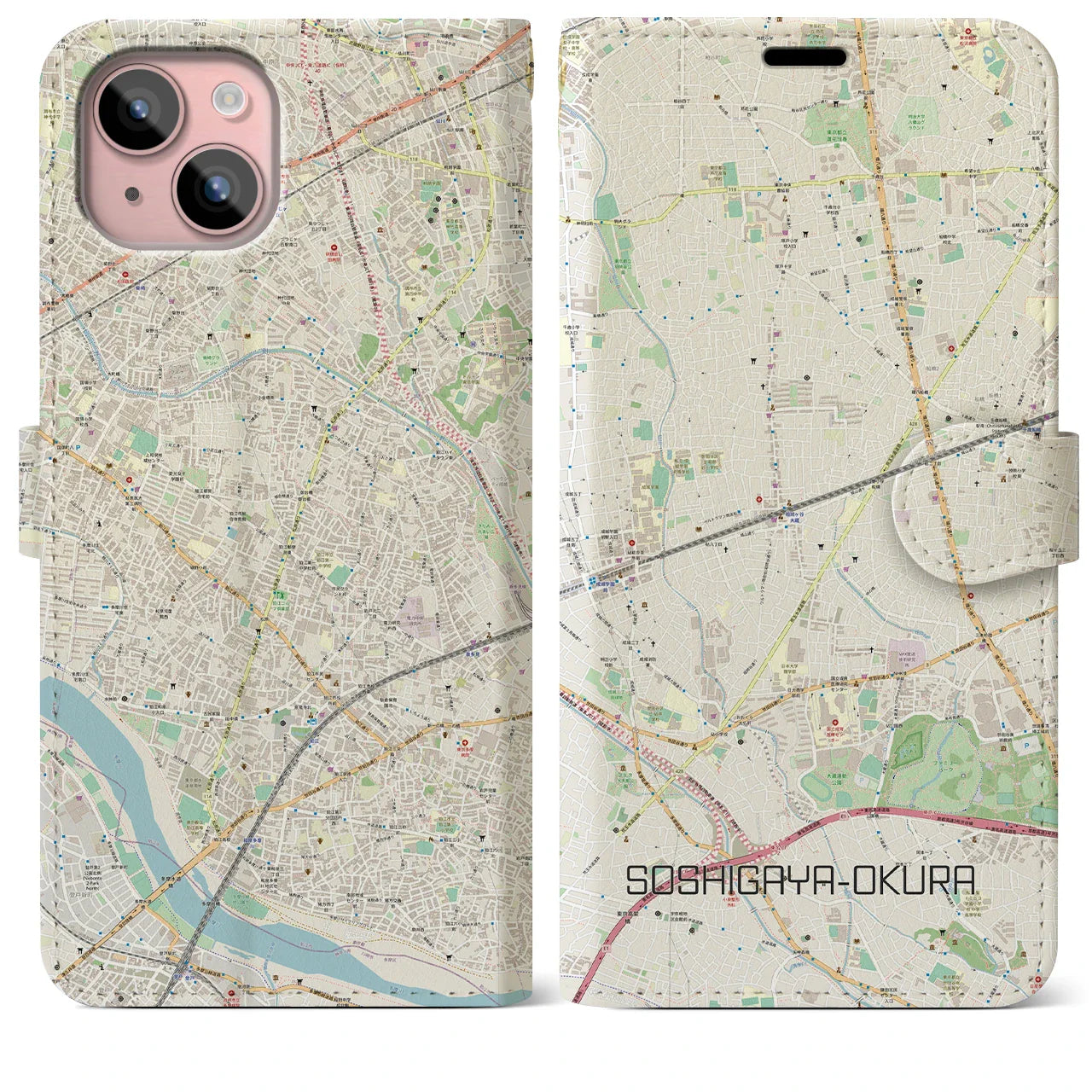 【祖師ヶ谷大蔵(東京都)】地図柄iPhoneケース(手帳タイプ)ナチュラル・iPhone 15 Plus 用