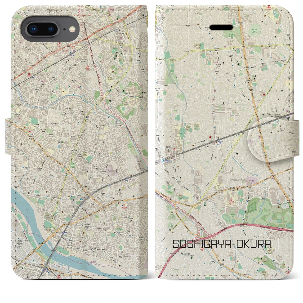 【祖師ヶ谷大蔵(東京都)】地図柄iPhoneケース(手帳タイプ)ナチュラル・iPhone 8Plus /7Plus / 6sPlus / 6Plus 用