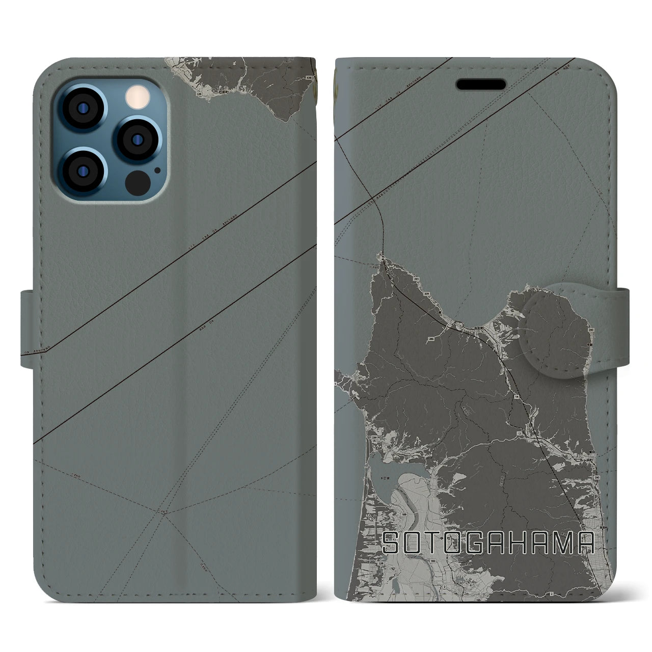 【外ヶ浜(青森県)】地図柄iPhoneケース(手帳タイプ)モノトーン・iPhone 12 / 12 Pro 用