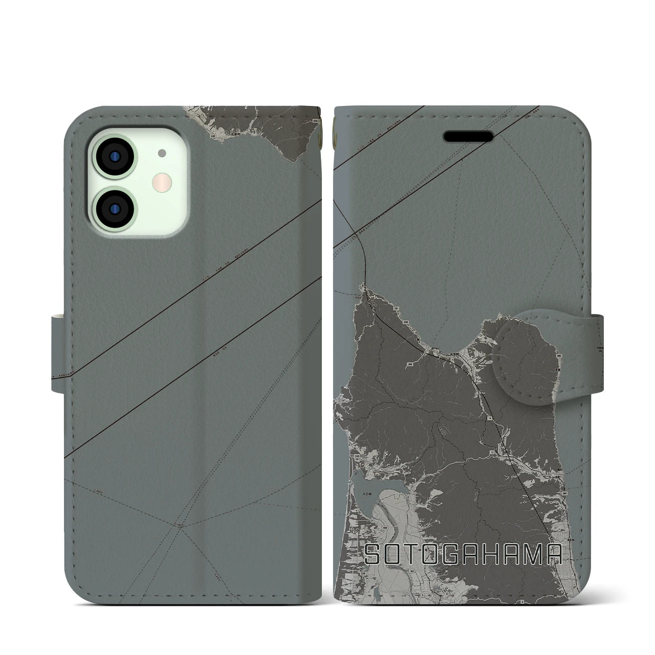 【外ヶ浜(青森県)】地図柄iPhoneケース(手帳タイプ)モノトーン・iPhone 12 mini 用