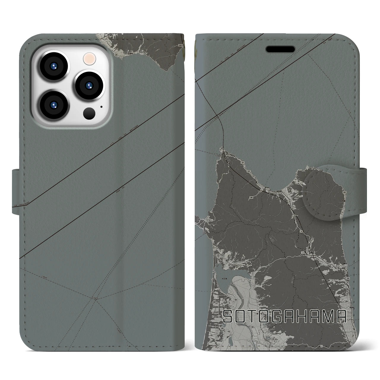 【外ヶ浜(青森県)】地図柄iPhoneケース(手帳タイプ)モノトーン・iPhone 13 Pro 用