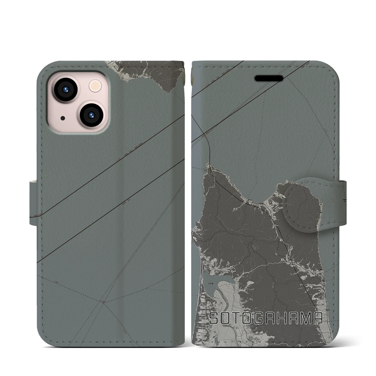 【外ヶ浜(青森県)】地図柄iPhoneケース(手帳タイプ)モノトーン・iPhone 13 mini 用