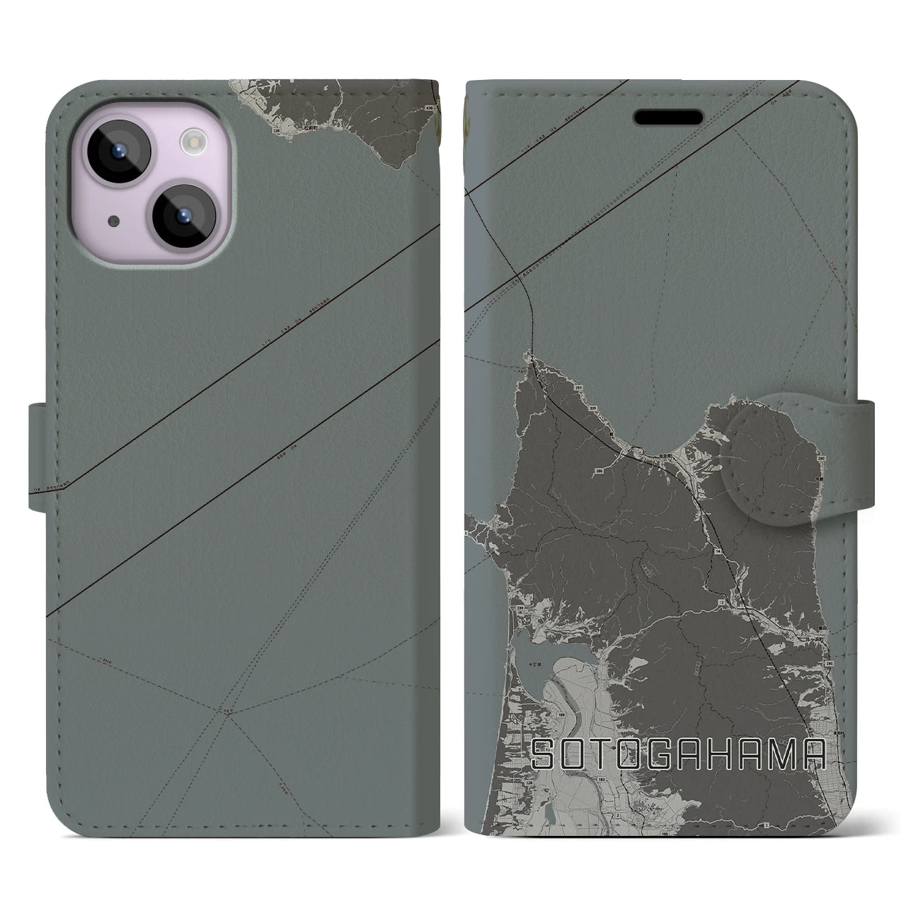 【外ヶ浜(青森県)】地図柄iPhoneケース(手帳タイプ)モノトーン・iPhone 14 用