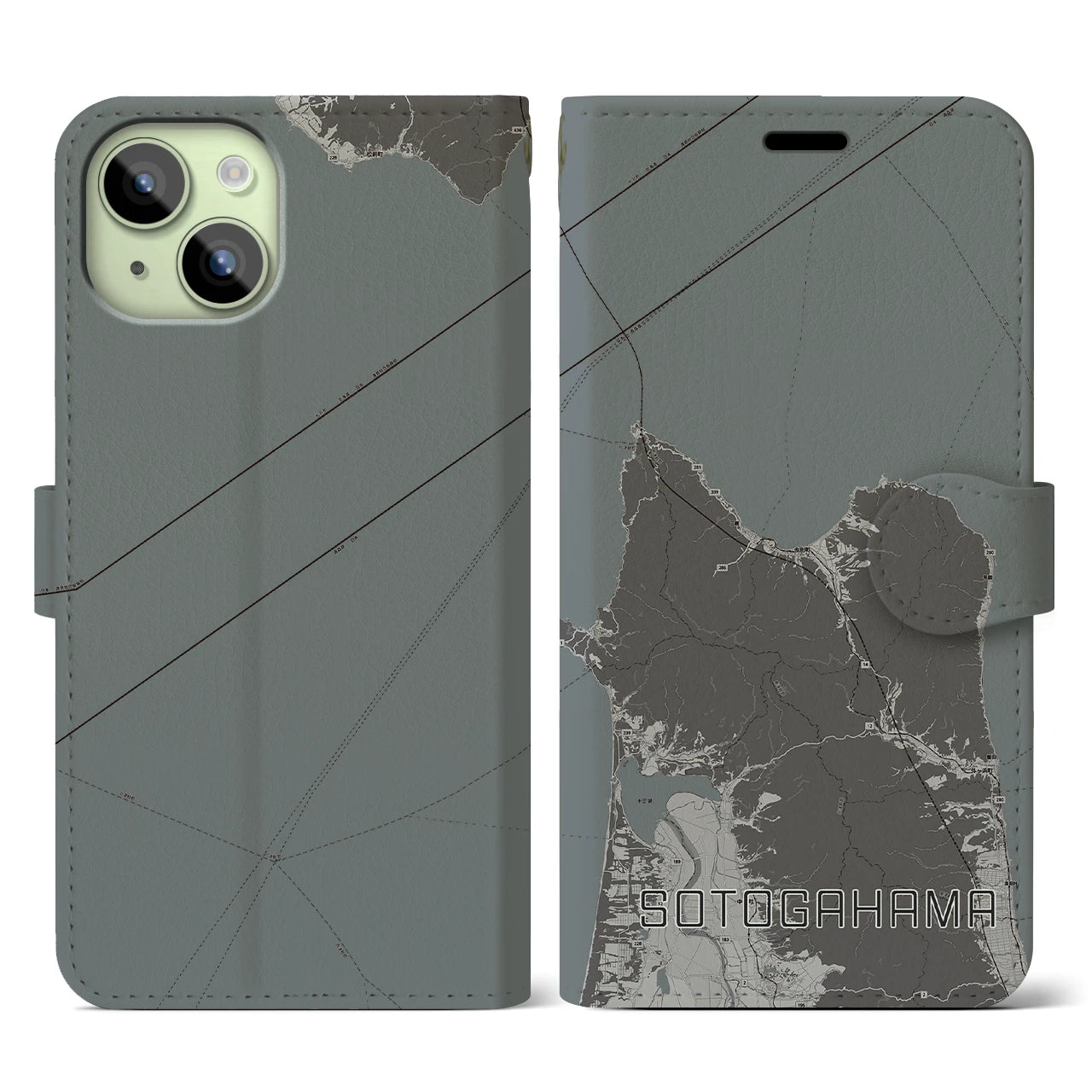 【外ヶ浜(青森県)】地図柄iPhoneケース(手帳タイプ)モノトーン・iPhone 15 用