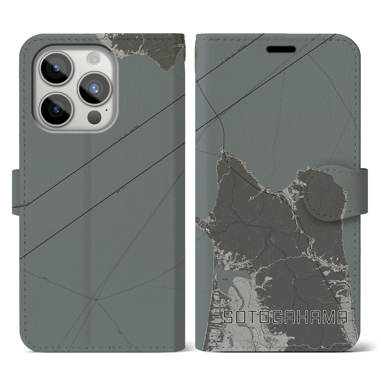 【外ヶ浜(青森県)】地図柄iPhoneケース(手帳タイプ)モノトーン・iPhone 15 Pro 用