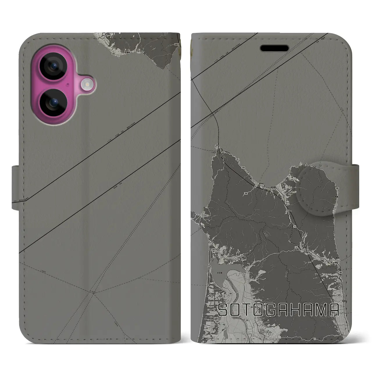 【外ヶ浜(青森県)】地図柄iPhoneケース(手帳タイプ)モノトーン・iPhone 16 Pro 用
