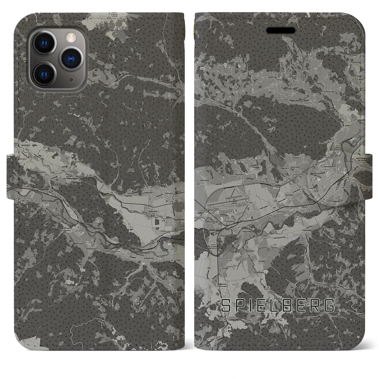 【シュピールベルク(オーストリア)】地図柄iPhoneケース(手帳タイプ)モノトーン・iPhone 11 Pro Max 用
