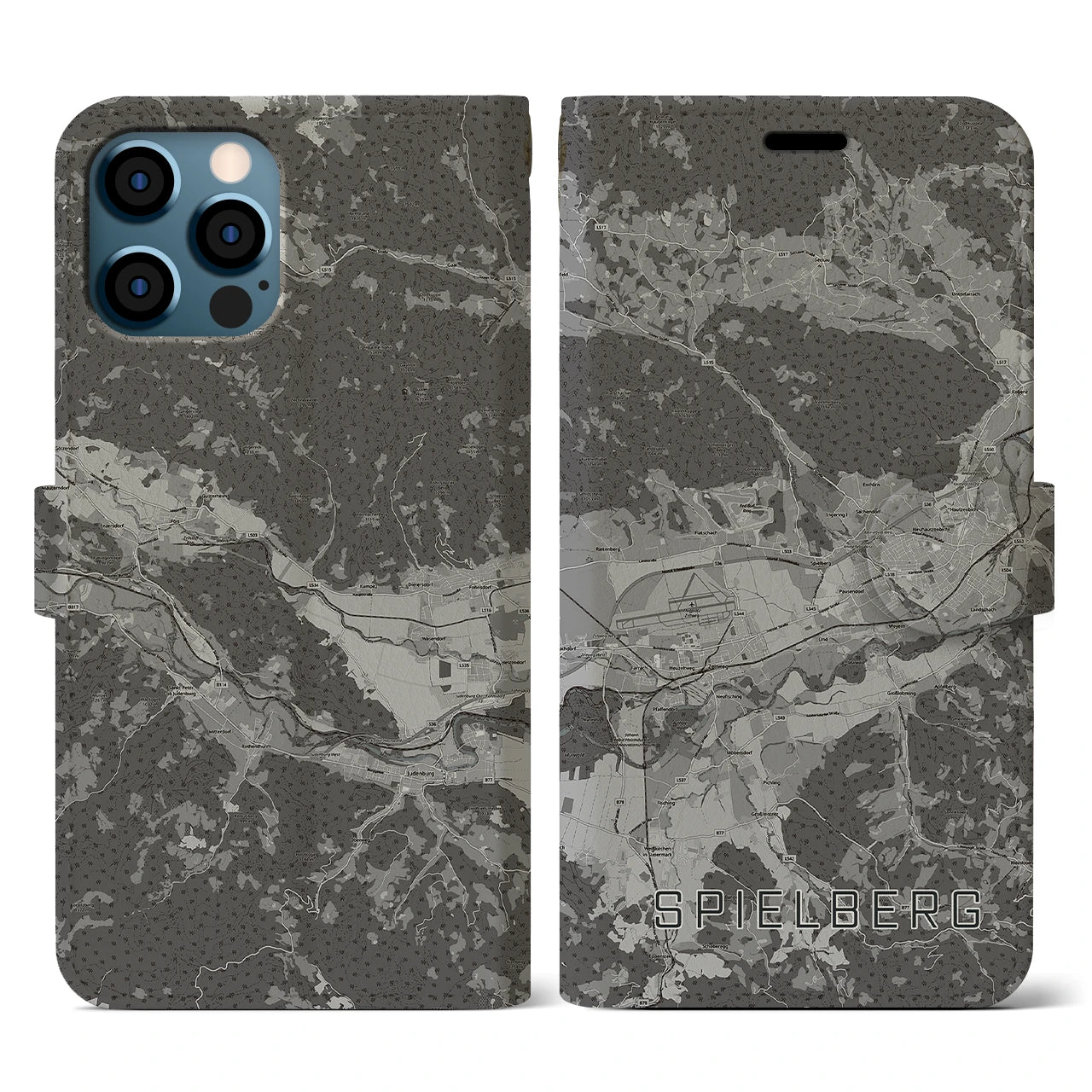 【シュピールベルク(オーストリア)】地図柄iPhoneケース(手帳タイプ)モノトーン・iPhone 12 / 12 Pro 用