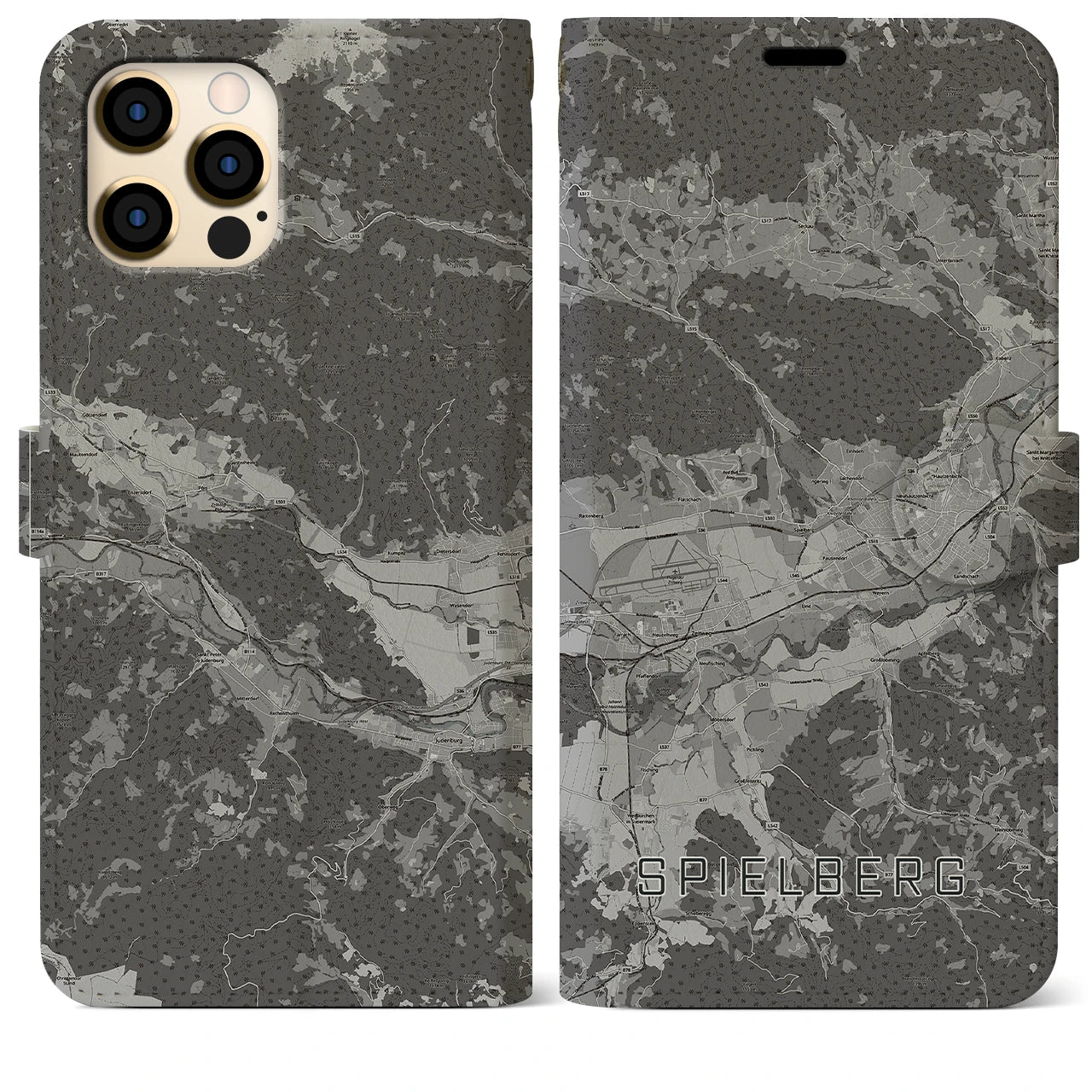 【シュピールベルク(オーストリア)】地図柄iPhoneケース(手帳タイプ)モノトーン・iPhone 12 Pro Max 用