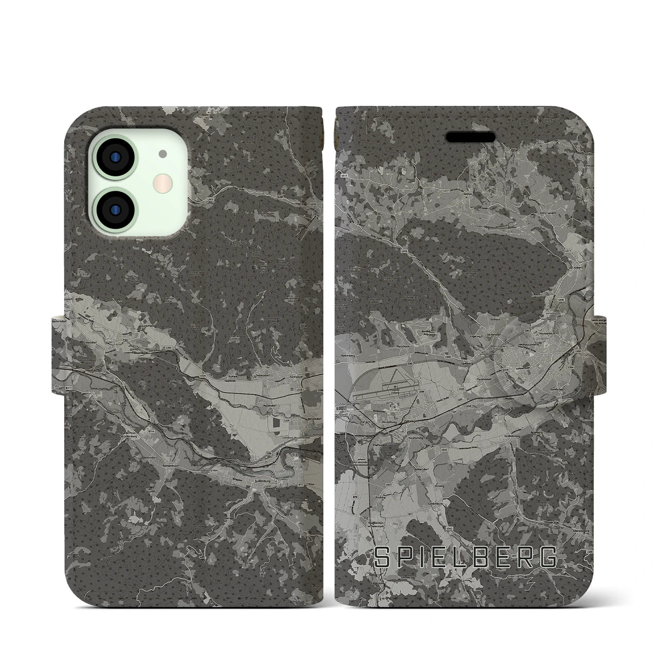 【シュピールベルク(オーストリア)】地図柄iPhoneケース(手帳タイプ)モノトーン・iPhone 12 mini 用