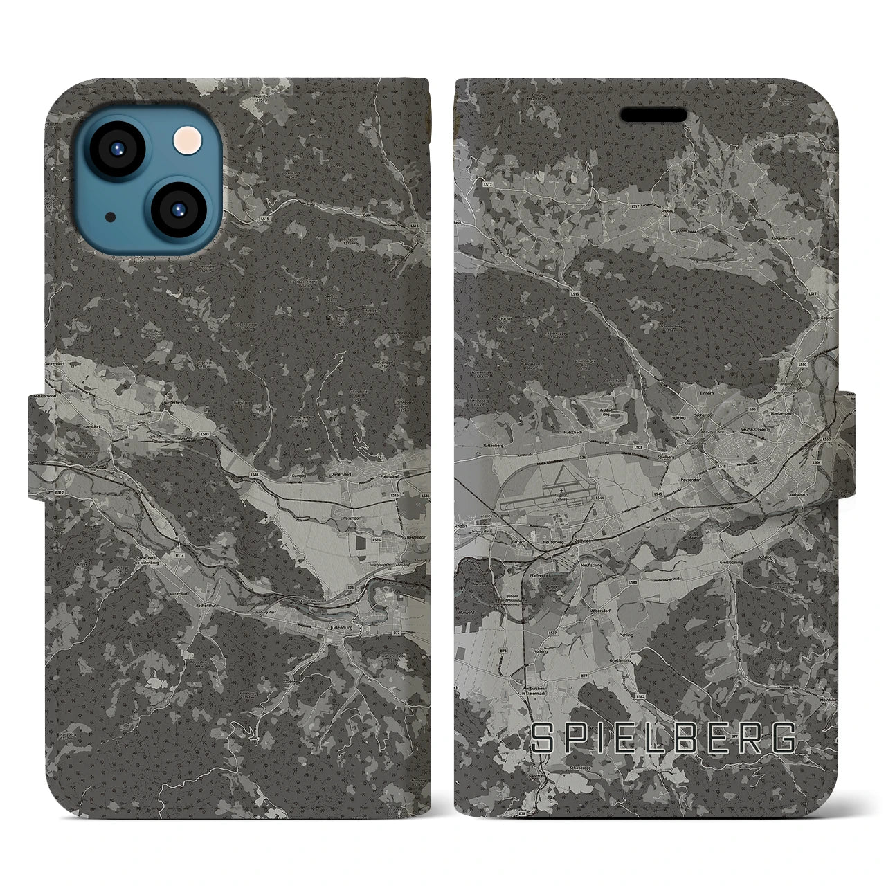 【シュピールベルク(オーストリア)】地図柄iPhoneケース(手帳タイプ)モノトーン・iPhone 13 用