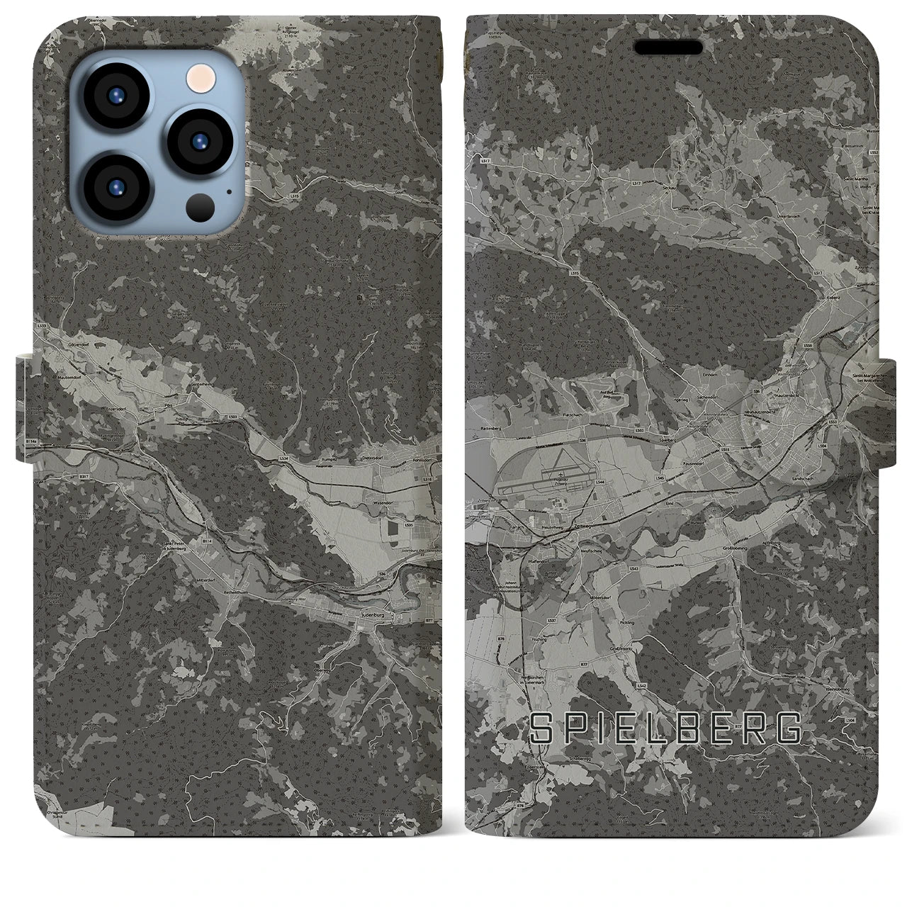 【シュピールベルク(オーストリア)】地図柄iPhoneケース(手帳タイプ)モノトーン・iPhone 13 Pro Max 用