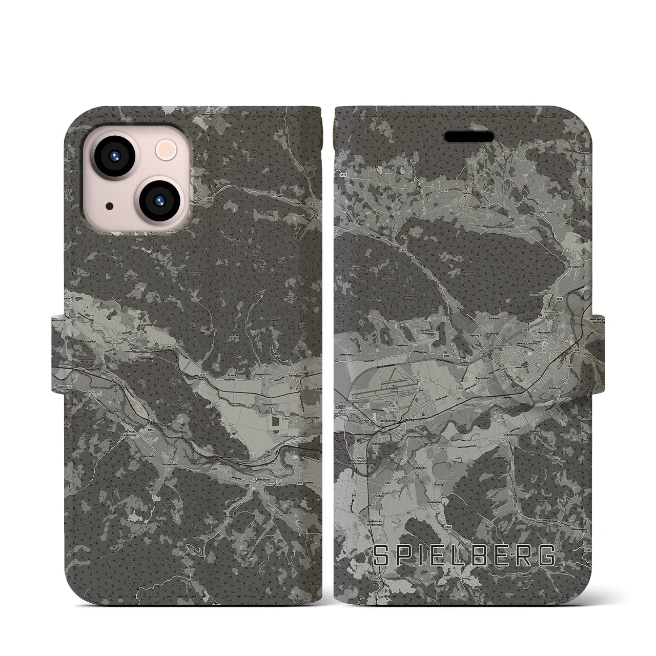 【シュピールベルク(オーストリア)】地図柄iPhoneケース(手帳タイプ)モノトーン・iPhone 13 mini 用