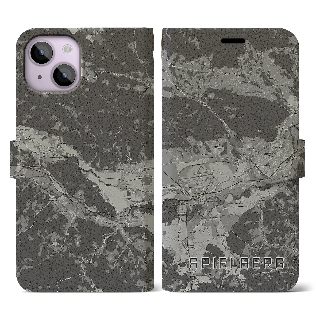 【シュピールベルク(オーストリア)】地図柄iPhoneケース(手帳タイプ)モノトーン・iPhone 14 用