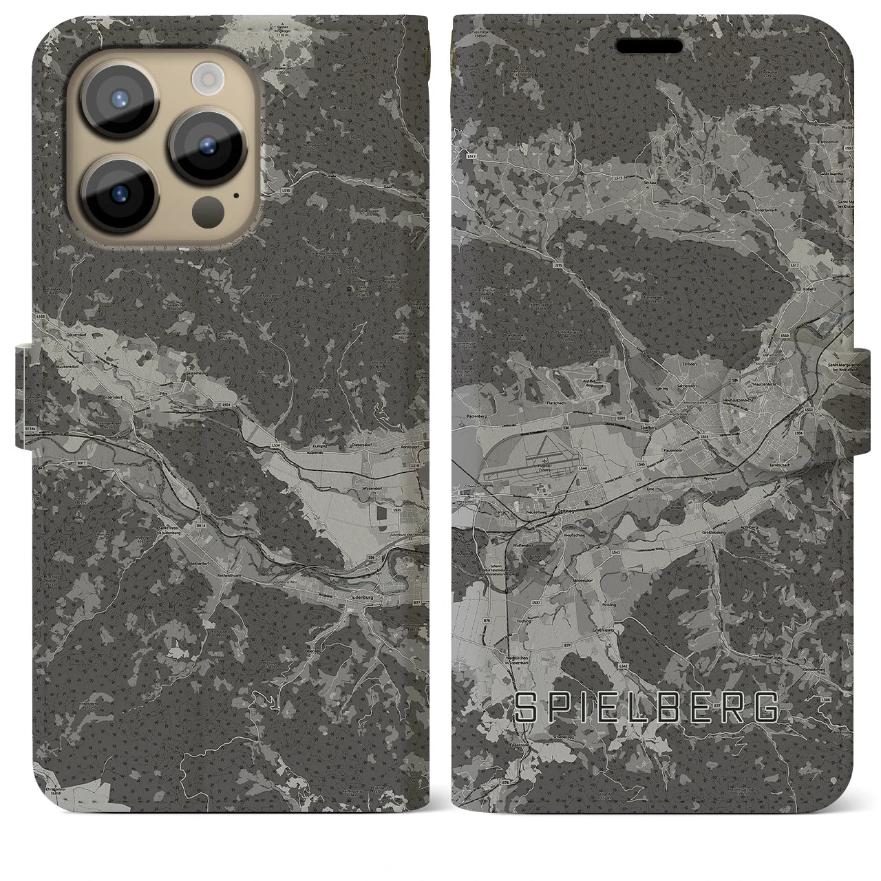 【シュピールベルク(オーストリア)】地図柄iPhoneケース(手帳タイプ)モノトーン・iPhone 14 Pro Max 用
